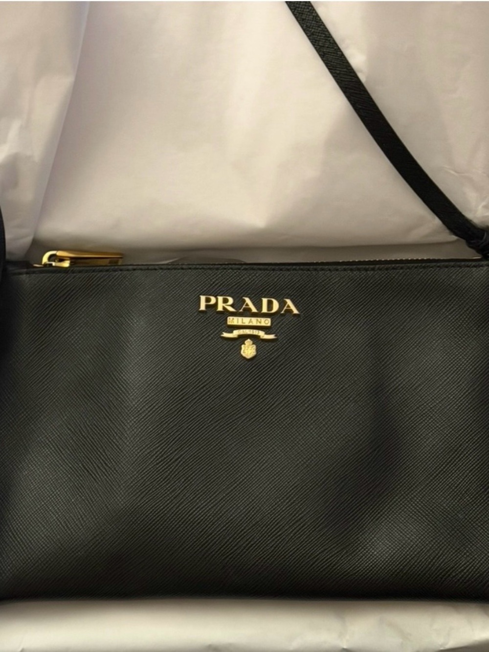 Prada Black Saffiano Leather shoulder bag with Gold Logo